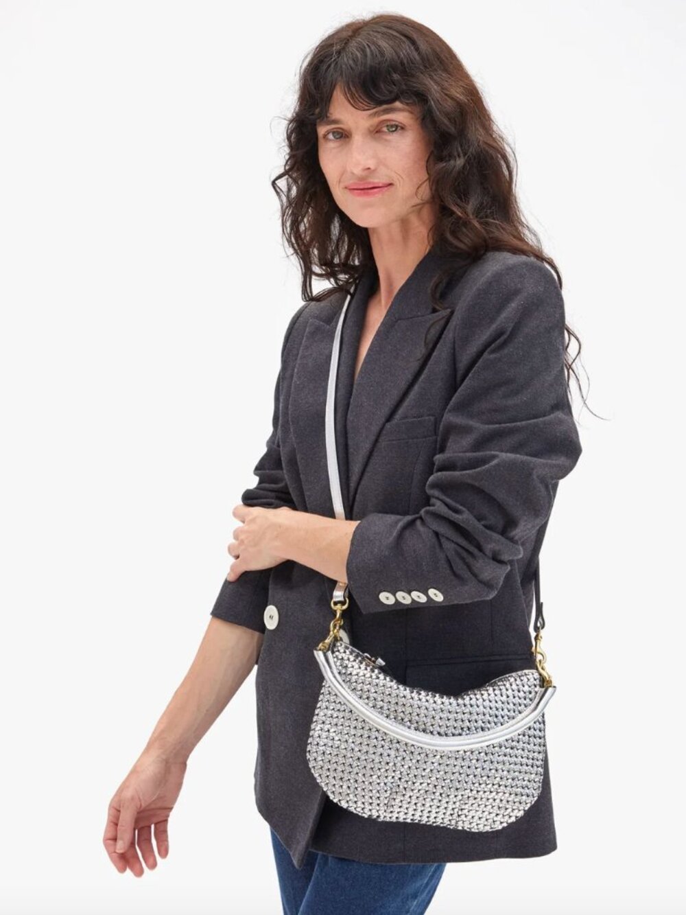 CLARE V Petit Moyen Silver Woven Leather Crossbody Bag - Picture 2 of 12
